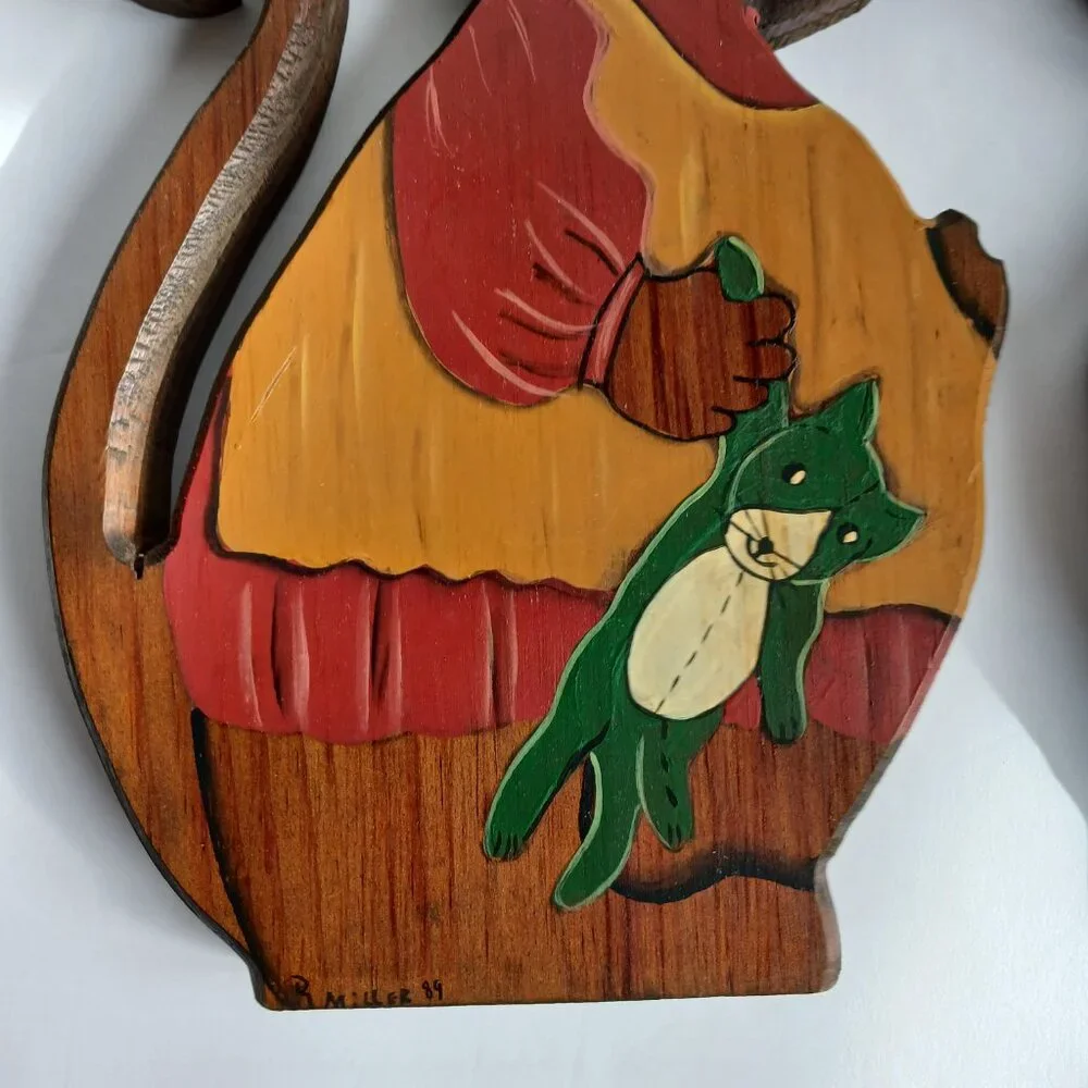2 Vintage handmade wood mice wall hangings 11.25